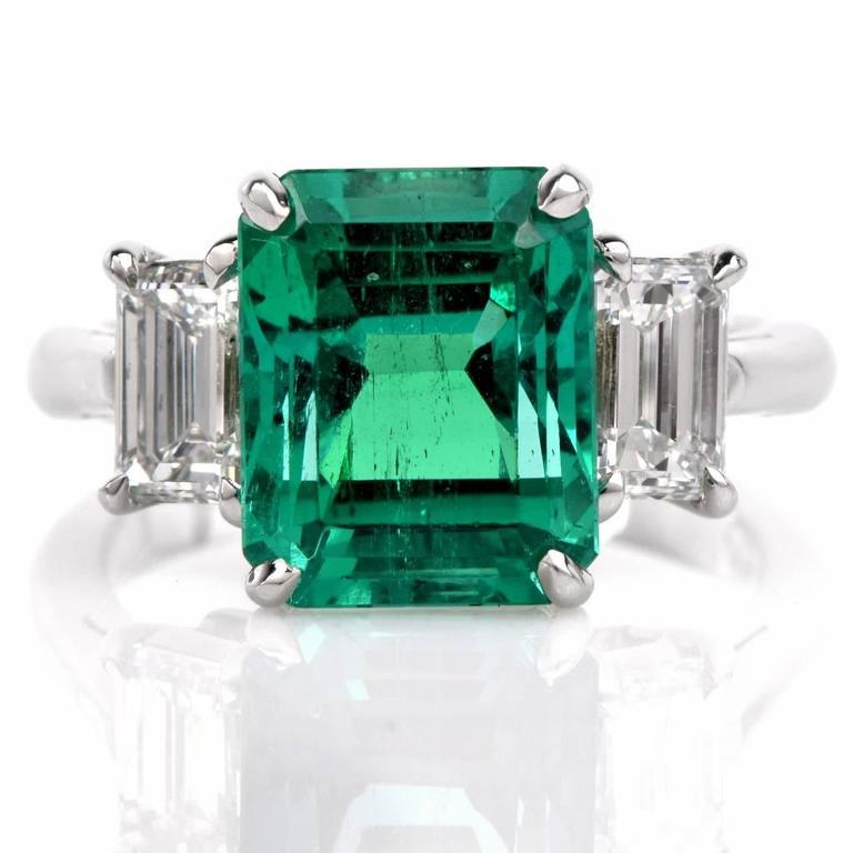 4.43 Carat GIA Cert Emerald Diamond Platinum Three Stone Ring at 1stDibs