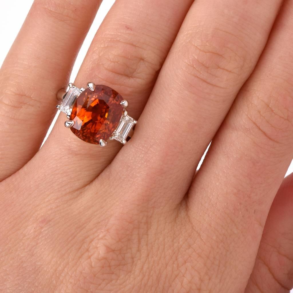 Orange Sapphire Diamond Platinum Ring In Excellent Condition In Miami, FL