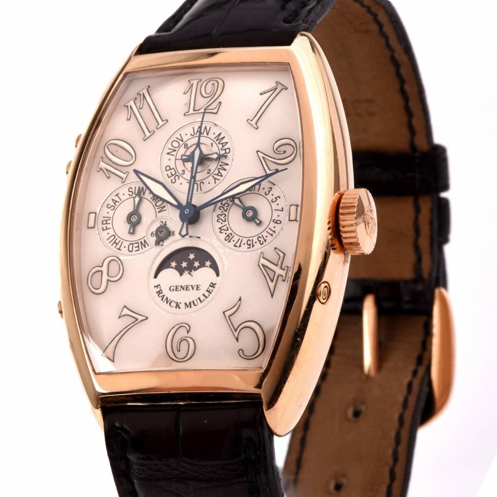 Men's 18k solid white gold Franck Muller 5850 QP Perpetual Calendar gress watch in 18k rose gold on original leather strap and 18k buckle in mint conditiont authentic. Case measuring 45 x 35 mm in rose gold , off white  color dial with luminescent