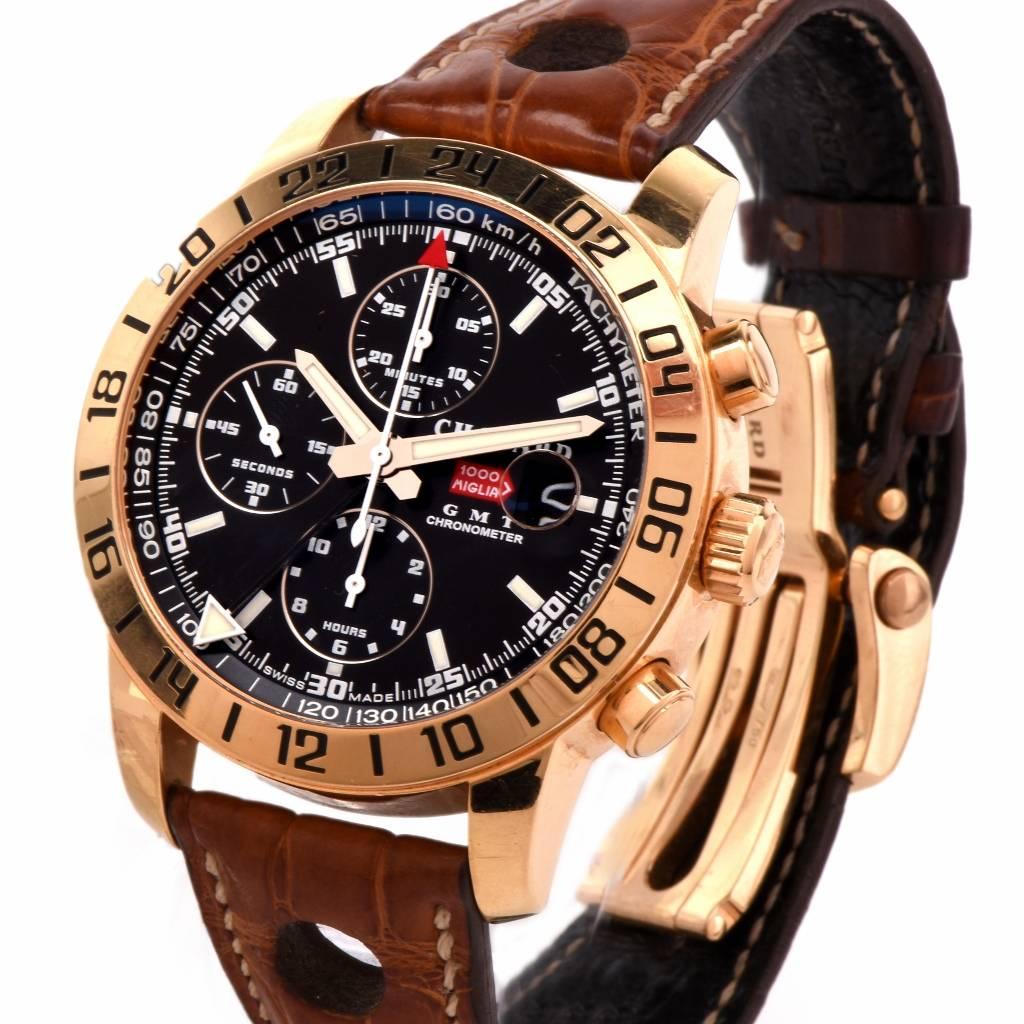 Limited edition 226/250 solid 18k Rose gold case with a brown leather bracelet. Rose gold 24 hour bezel, black dial with luminous hands and stick hour markers. Minute markers, tachometer scale around the outer rim. Luminescent hands and dial