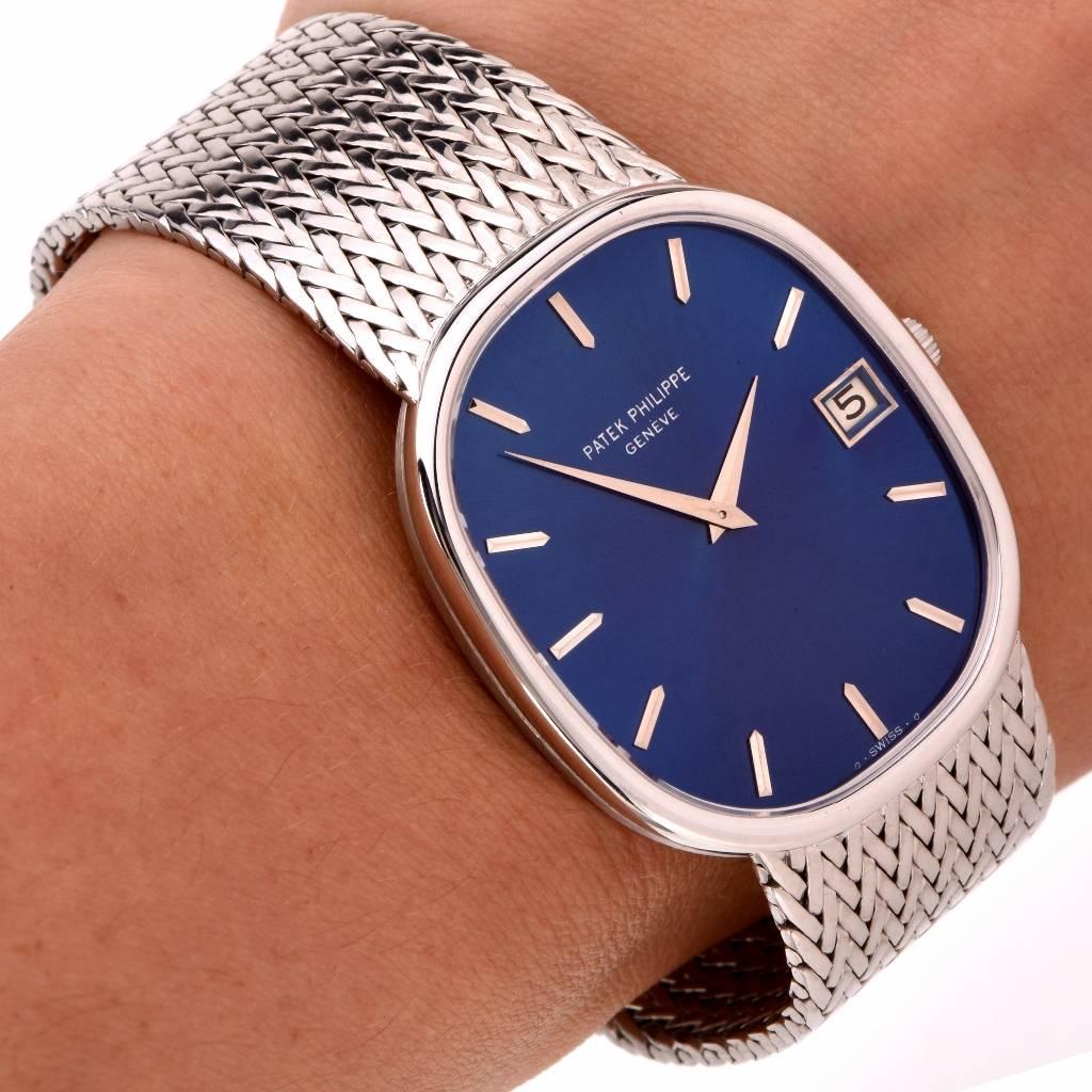 Men's Patek Philippe White Gold Jumbo Ellipse Blue Dial Automatic Wristwatch Ref 3605/