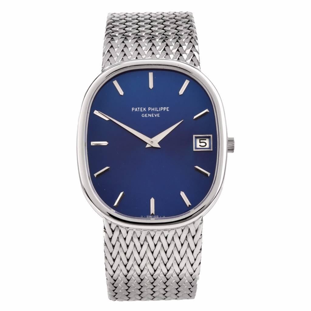 Vintage Patek Philippe Rare Ellipse Collection, Circa 1970's, Automatic  movement ref 3605, 18k white gold case and integrated mesh bracelet,  sunburst metallic blue dial with applied 18k white gold index batons with date,  sapphire glass; case