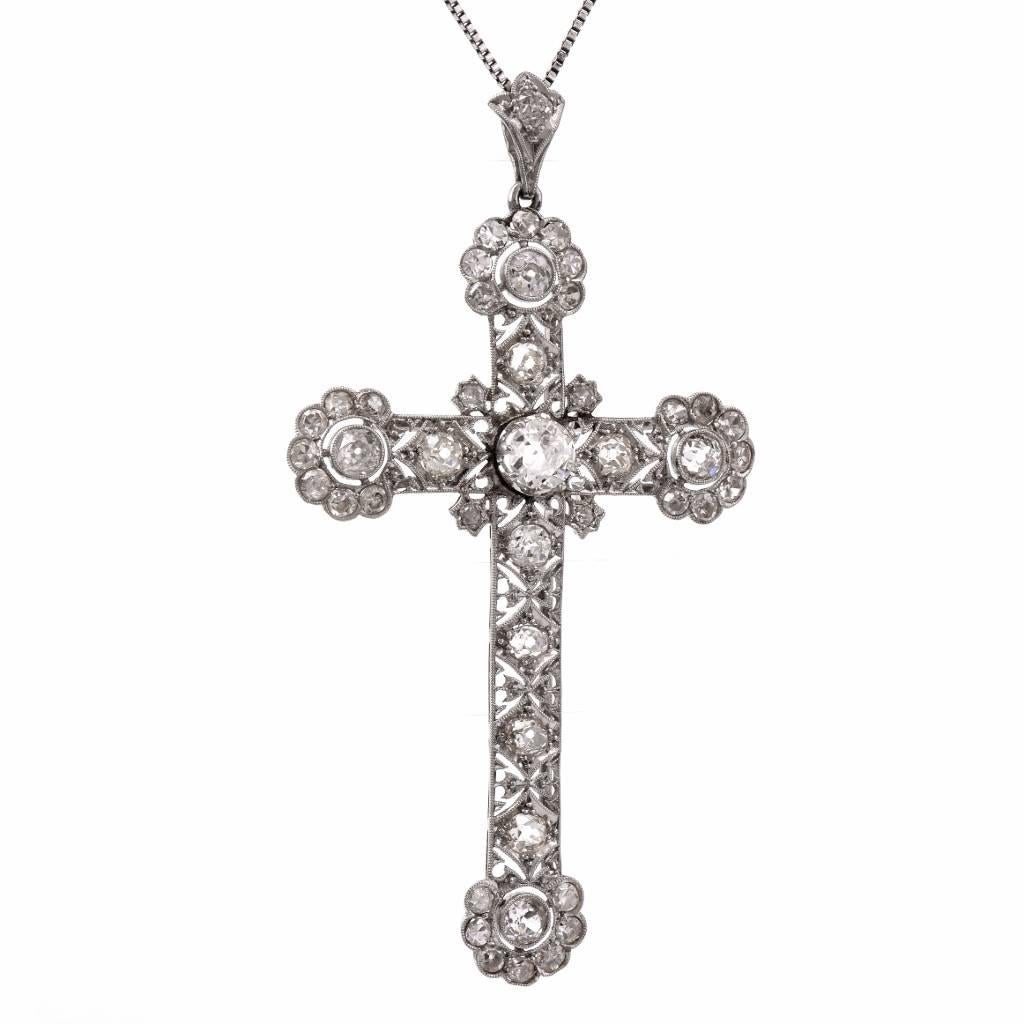 Women's Antique Art Deco Diamond Platinum Cross Pendant