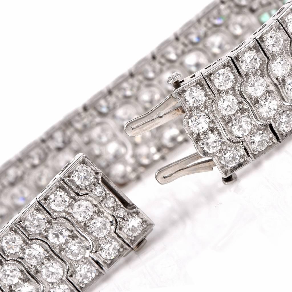 Art Deco Emerald Diamond Platinum Wide Bracelet 1