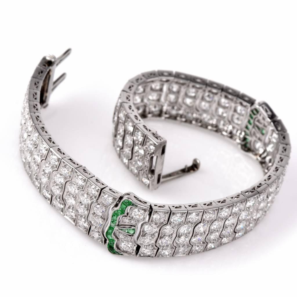 Art Deco Emerald Diamond Platinum Wide Bracelet In Excellent Condition In Miami, FL
