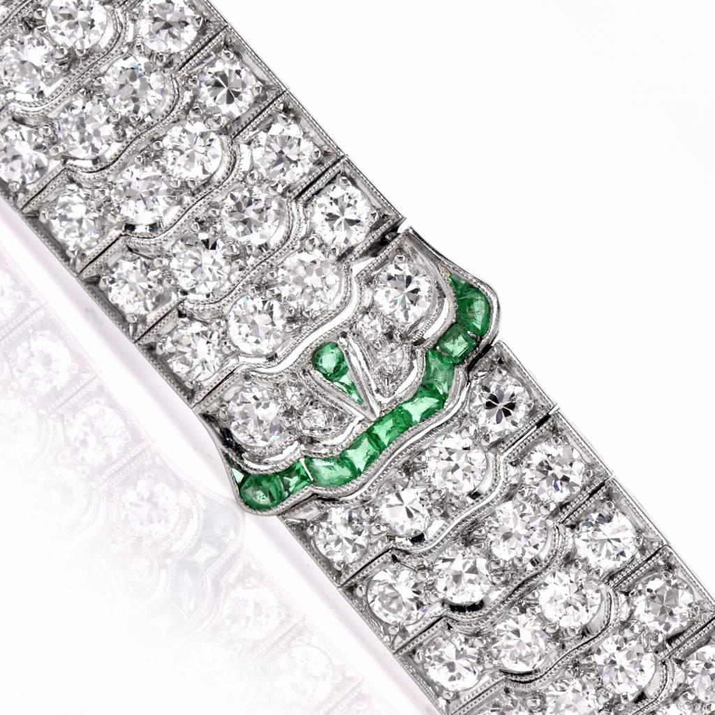 This stunning antique Art Deco bracelet is crafted in solid platinum. This bracelet is accented with some 183 genuine round European cut diamonds approx 16.00ct in total, G color, VS clarity. There are some 20 calibrated French cut genuine Colombian