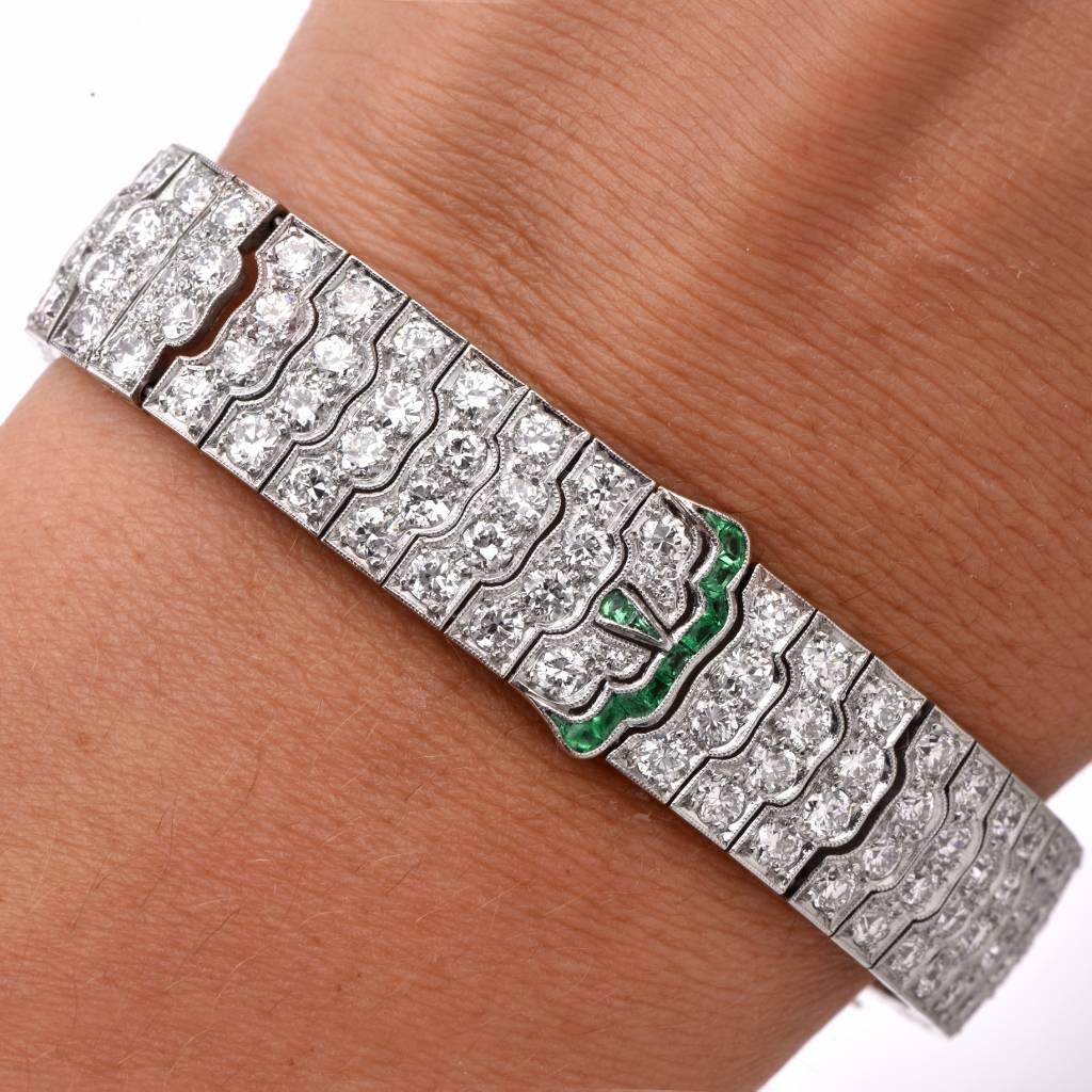 Art Deco Emerald Diamond Platinum Wide Bracelet 3