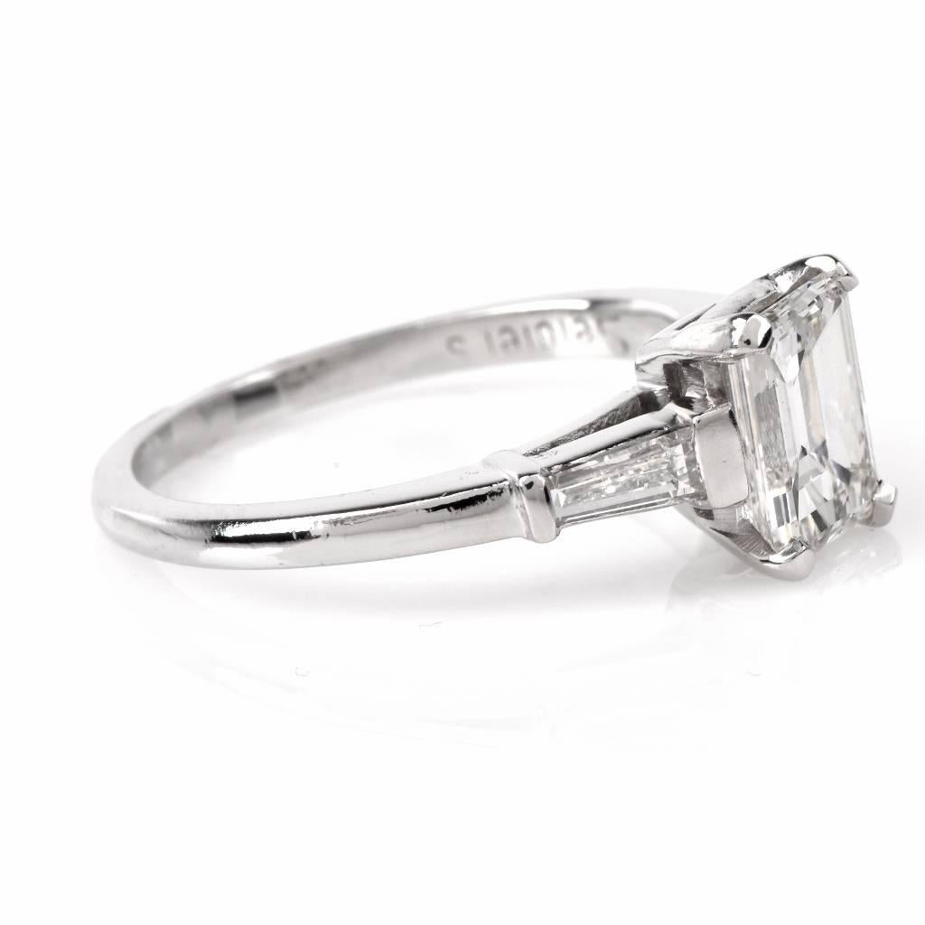 Classic Emerald Cut Diamond Baguette Platinum Engagement Ring In Excellent Condition In Miami, FL
