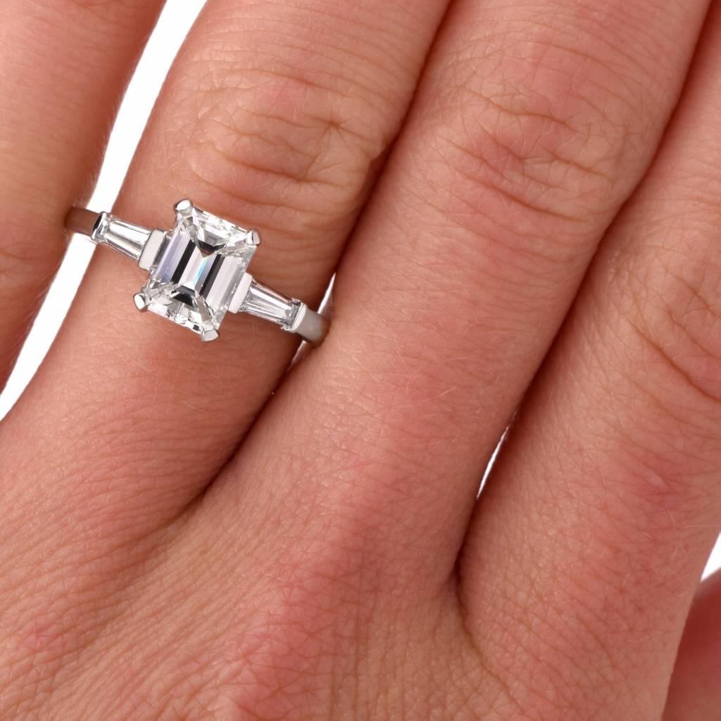 Classic Emerald Cut Diamond Baguette Platinum Engagement Ring 2
