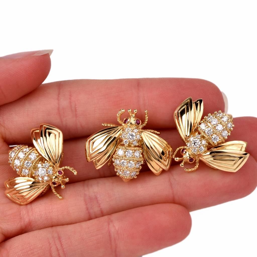 Tiffany & Co. Three Ruby Diamond Gold Bee Pins 2