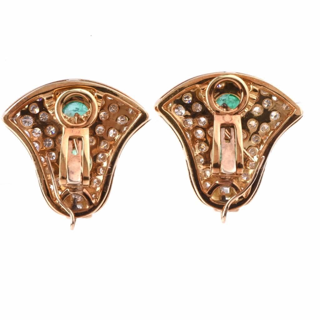 Cabochon Emerald Diamond Gold Clip-On Earrings In Excellent Condition In Miami, FL