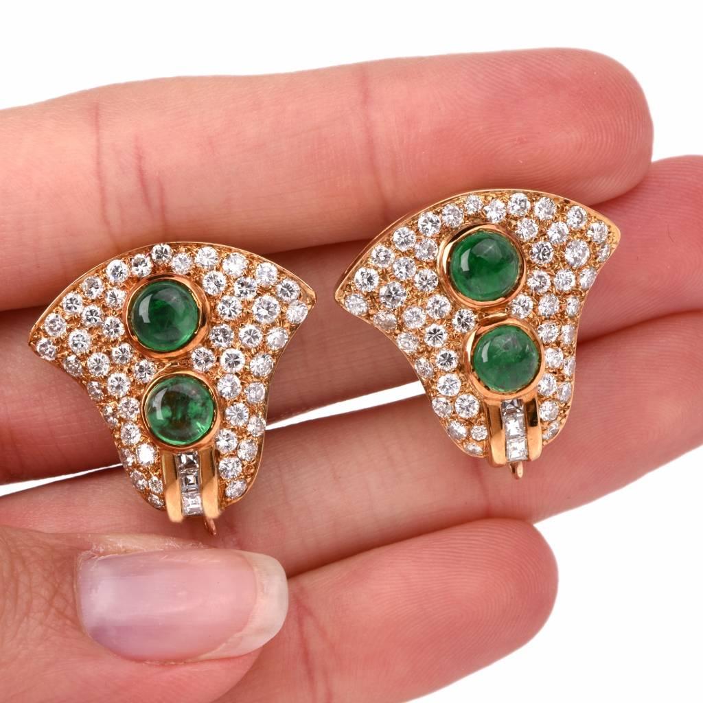 Women's Cabochon Emerald Diamond Gold Clip-On Earrings