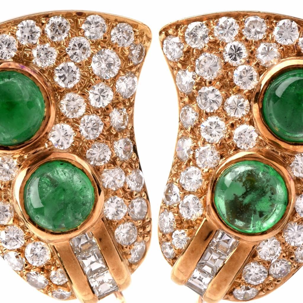 Cabochon Emerald Diamond Gold Clip-On Earrings 1