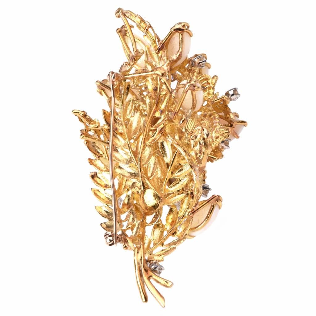 Women's Retro Opal Diamond Gold Floral Spray Pin Brooch