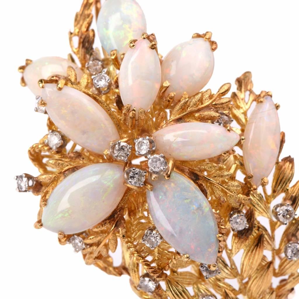 Retro Opal Diamond Gold Floral Spray Pin Brooch In Excellent Condition In Miami, FL