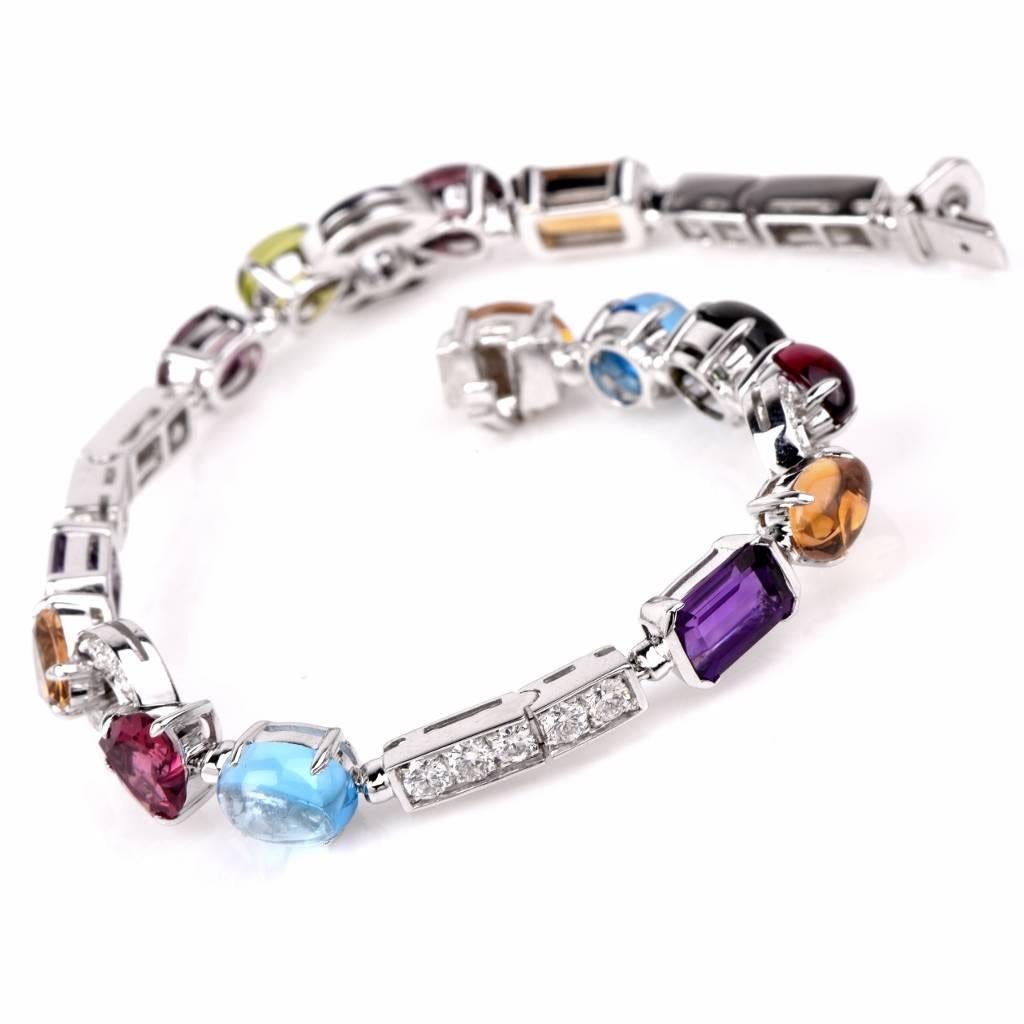 This Bvlgari bracelet is of Italian provenance and bears the official hallmark of Italy in addition to the designer's signature,  a reference number and the purity mark '750'. In vividly colored and refined style, this Bvlgri bracelet of the