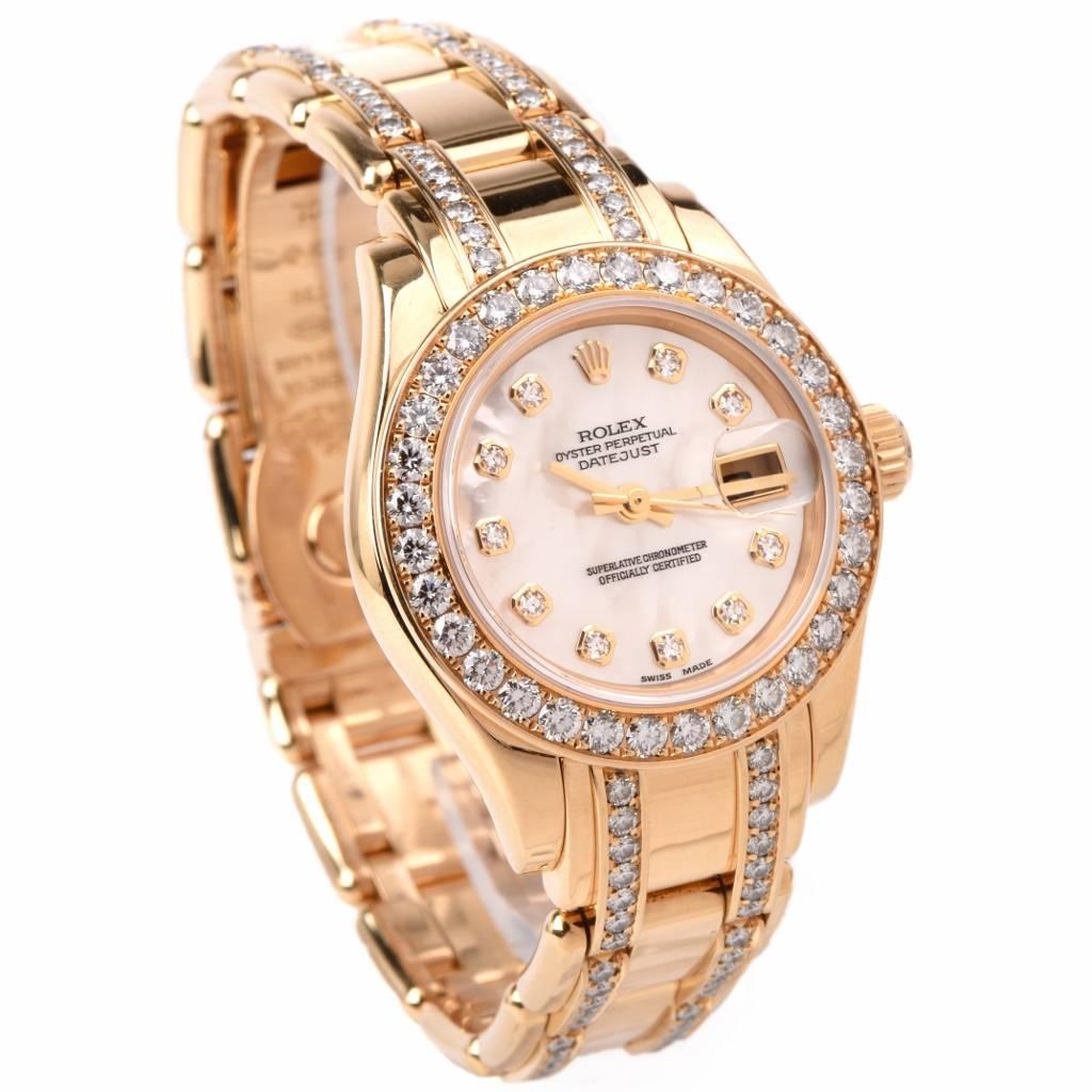 Rolex Lady's Yellow Gold Diamond Datejust Pearlmaster Wristwatch Ref 80298-74948 In Excellent Condition In Miami, FL