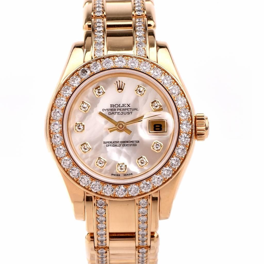 Rolex Masterpiece Oyster Perpetual Lady-Datejust Pearlmaster Watch, 
29mm 18K yellow gold case and bracelet gold, bezel set with 34 diamonds, mother of pearl dial yellow gold ,  Automatic movement, numerals with 11 diamonds set on dial, Pearlmaster