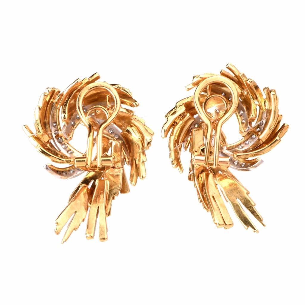 Retro Diamond Textured Gold Floral Spray Clip-Back Earrings