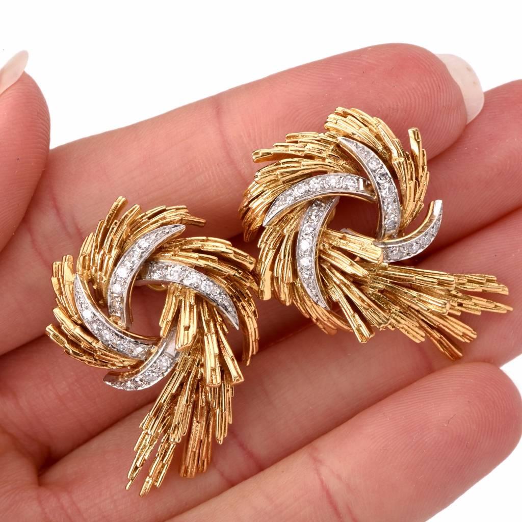 Women's Diamond Textured Gold Floral Spray Clip-Back Earrings