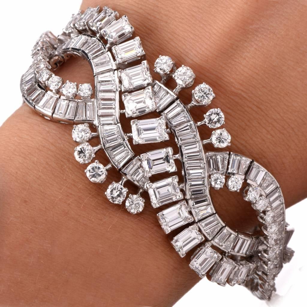 Women's or Men's Over sized Emerald Cut and Round Diamond Platinum Bracelet