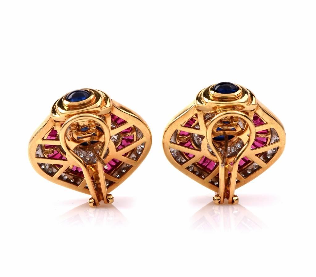 Ruby Sapphire Diamond Gold Clip On Earrings In Excellent Condition In Miami, FL