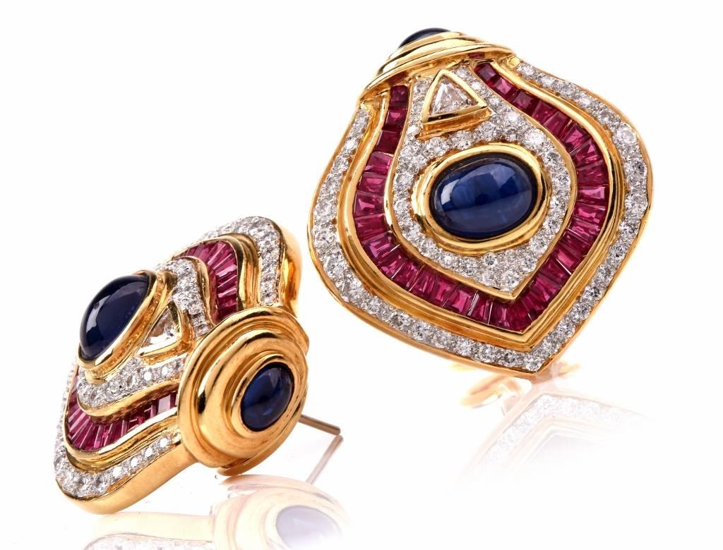 Women's Ruby Sapphire Diamond Gold Clip On Earrings