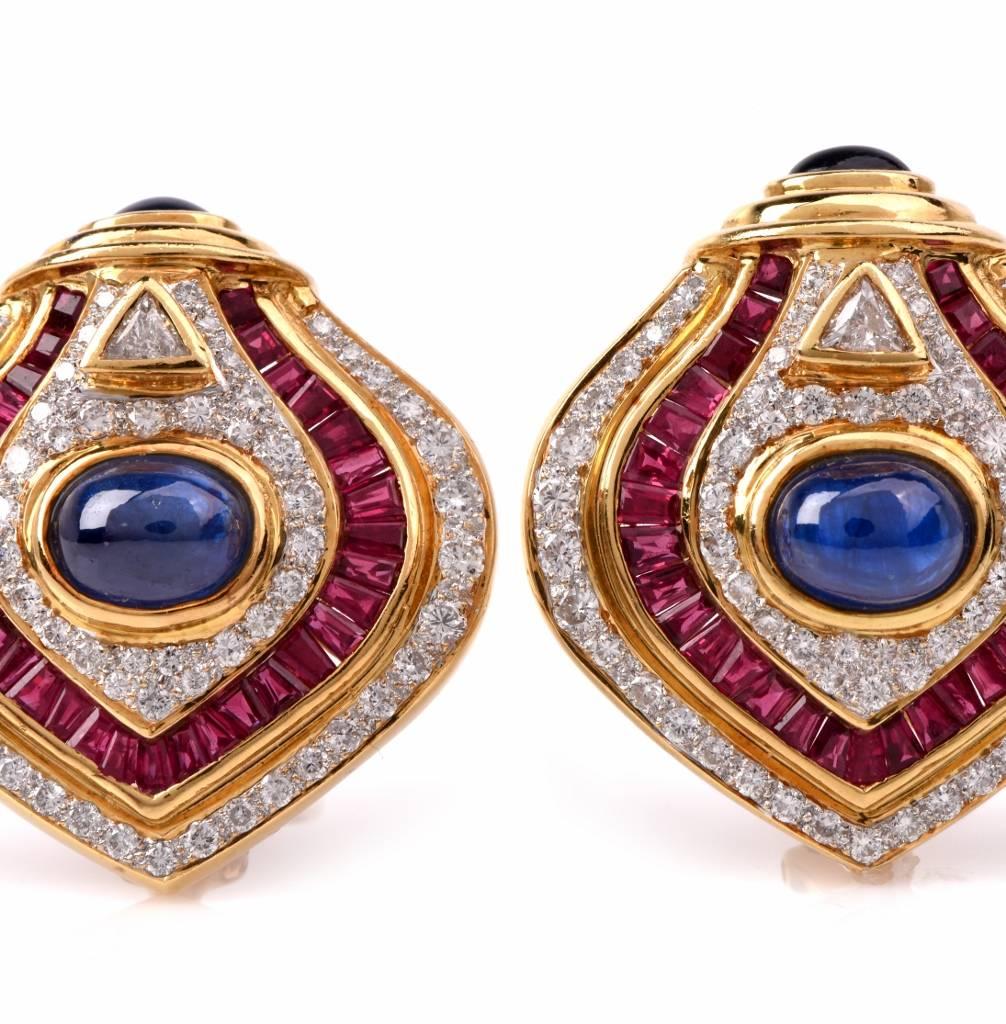 Ruby Sapphire Diamond Gold Clip On Earrings 1