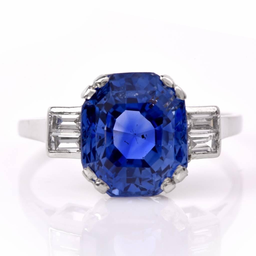 Women's Art Deco French Natural Ceylon Sapphire Diamond Platinum Ring