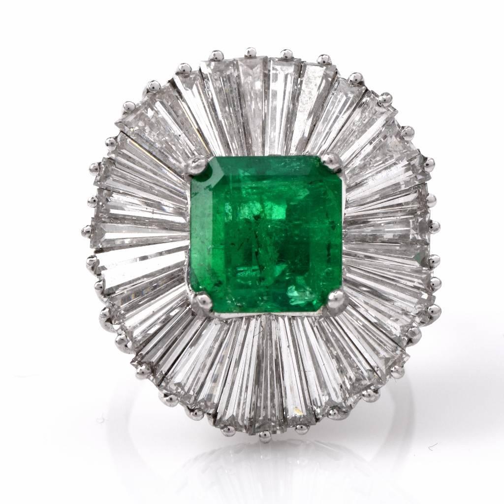 Modern 1960s Colombian Emerald Diamond Platinum Ballerina Ring