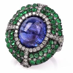 Tanzanite Emerald Cabochon Diamond Gold Ring