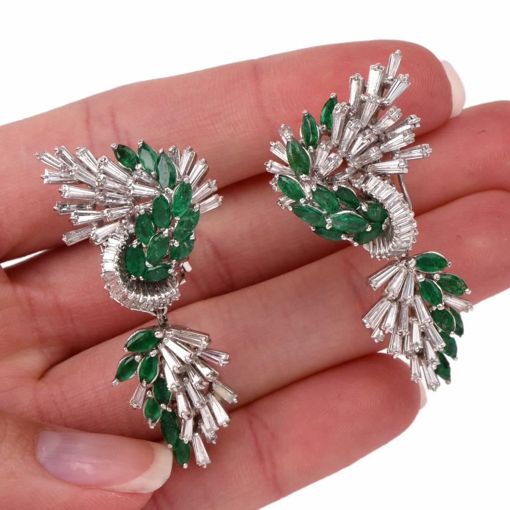 Women's  Platinum Emerald Diamond Cluster Pendant Day and Night Earrings