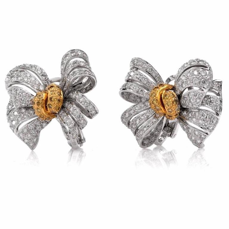 Fancy Diamond Gold Ribbon Bow Earrings at 1stDibs