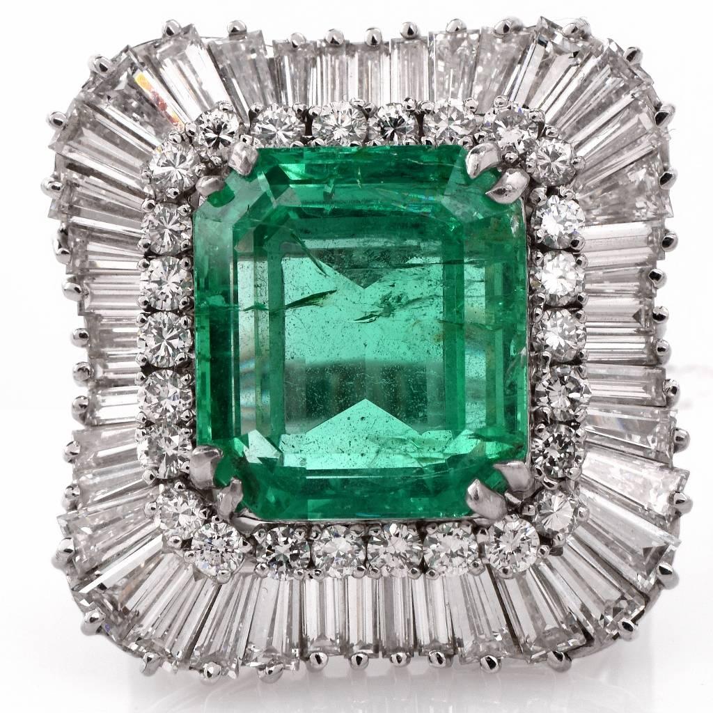 Emerald Diamond Platinum Ballerina Ring In Excellent Condition In Miami, FL