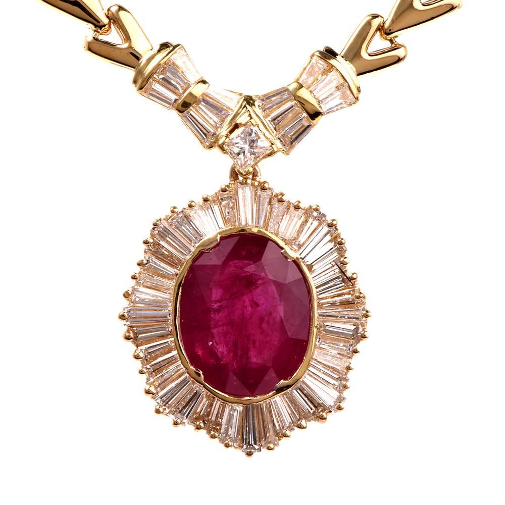 This beautiful estate diamond necklace crafted in solid 18K yellow gold. Showcasing an elegant and lavish link design, this delightful necklace is centered with 1 genuine Oval cut natural Ruby, Burma origin with GIA certified approx: 8.85cttw,