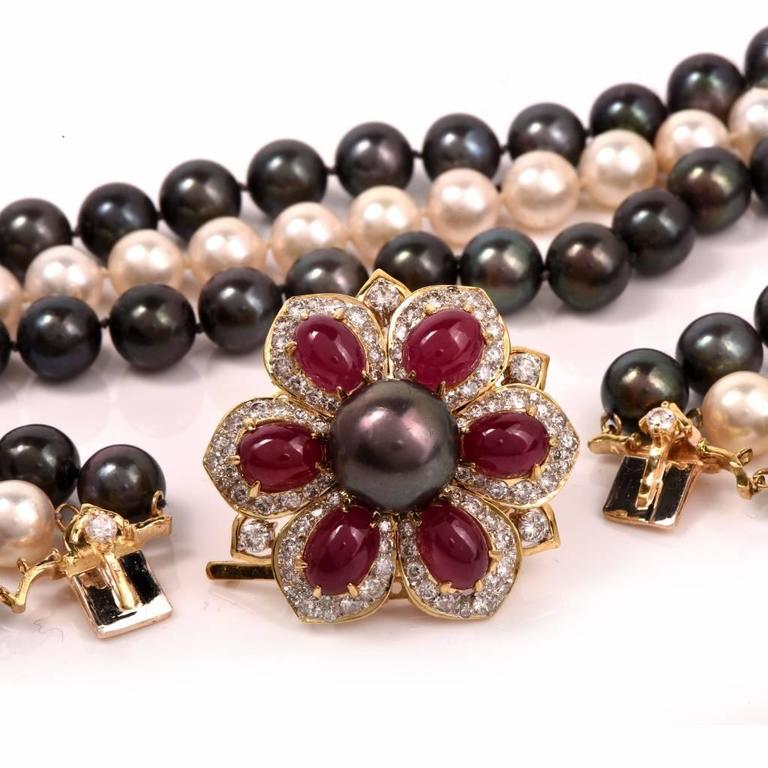 Multi Strand Pearl Ruby Diamond Necklace Clasp Pin Brooch For Sale at