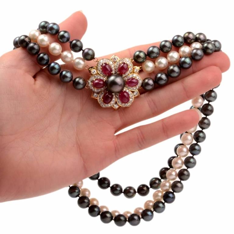 Multi Strand Pearl Ruby Diamond Necklace Clasp Pin Brooch For Sale at