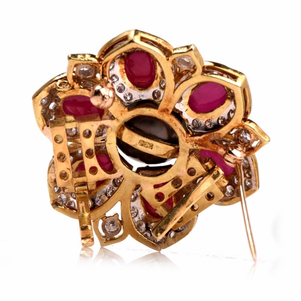 Multi Strand Pearl Ruby Diamond Necklace Clasp Pin Brooch In Excellent Condition In Miami, FL