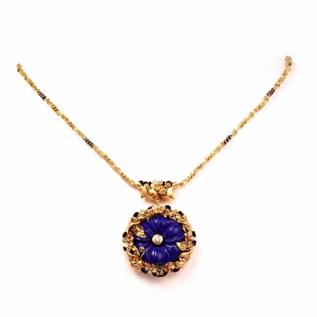 Lapis Lazuli Emerald Diamond Gold Pendant Necklace In Excellent Condition In Miami, FL