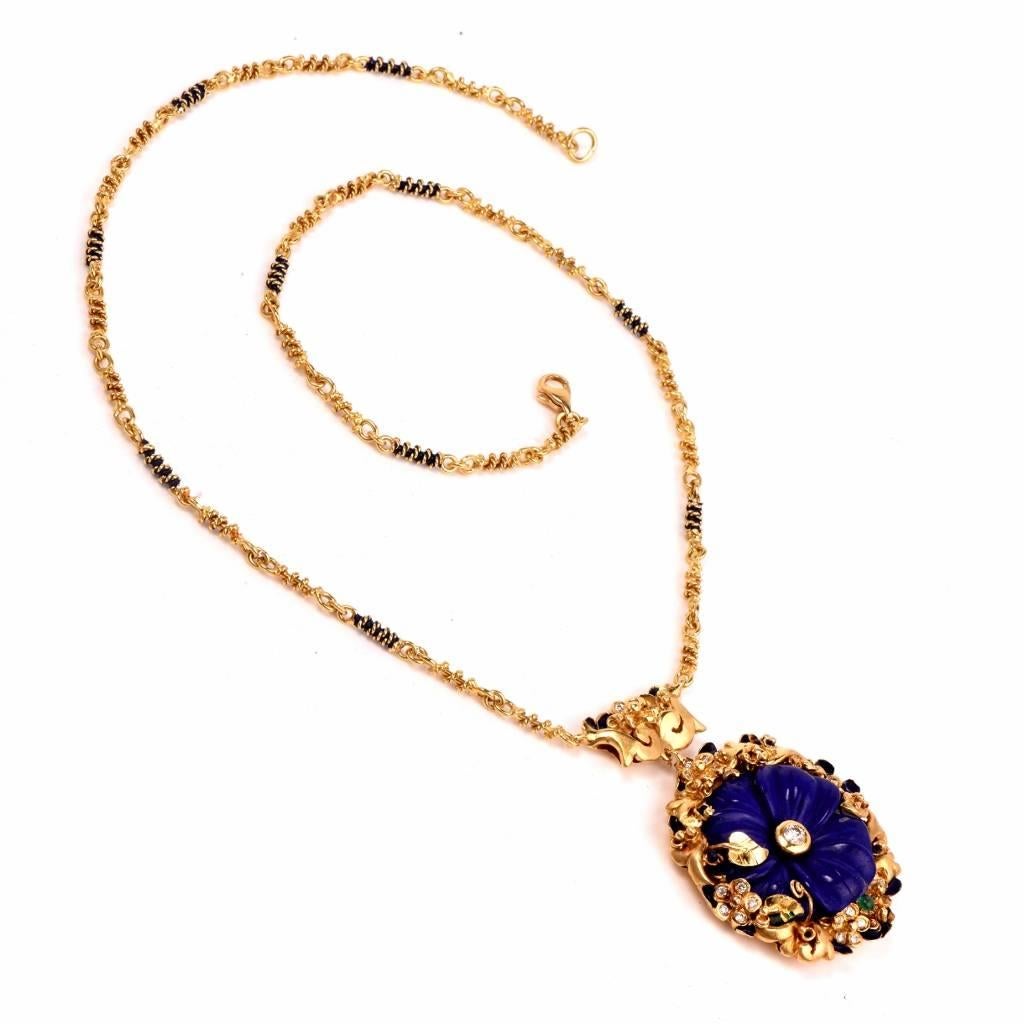 Women's Lapis Lazuli Emerald Diamond Gold Pendant Necklace