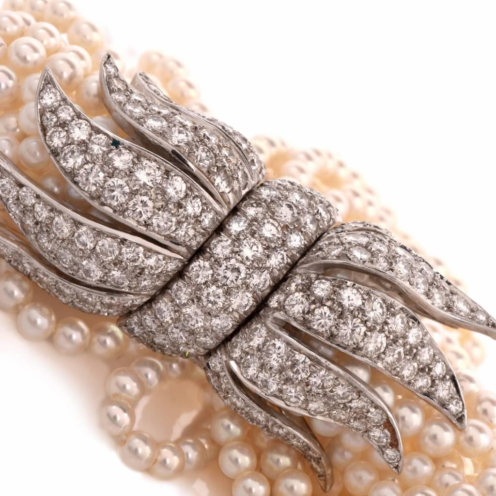 Multi Strand Pearl Diamond Platinum Ribbon Bow Clasp Bracelet  In Excellent Condition In Miami, FL