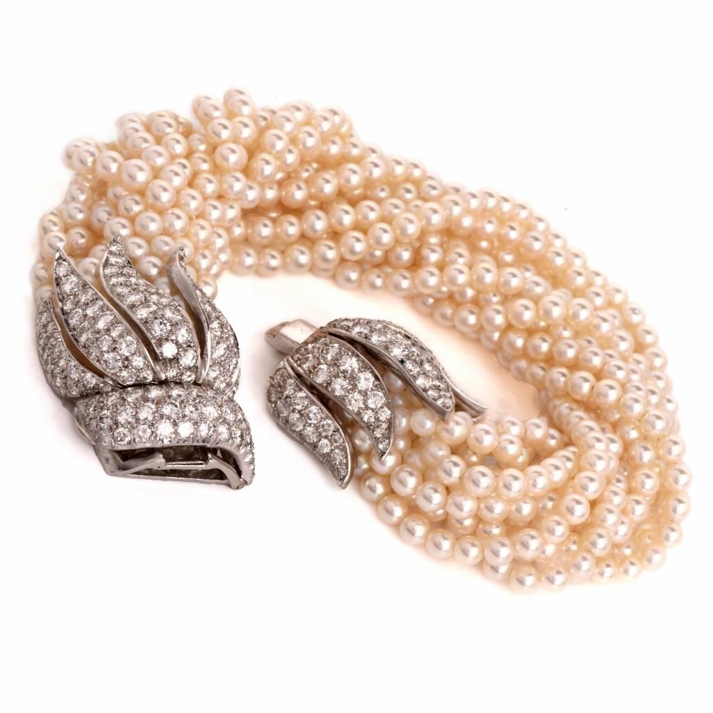 Women's Multi Strand Pearl Diamond Platinum Ribbon Bow Clasp Bracelet 
