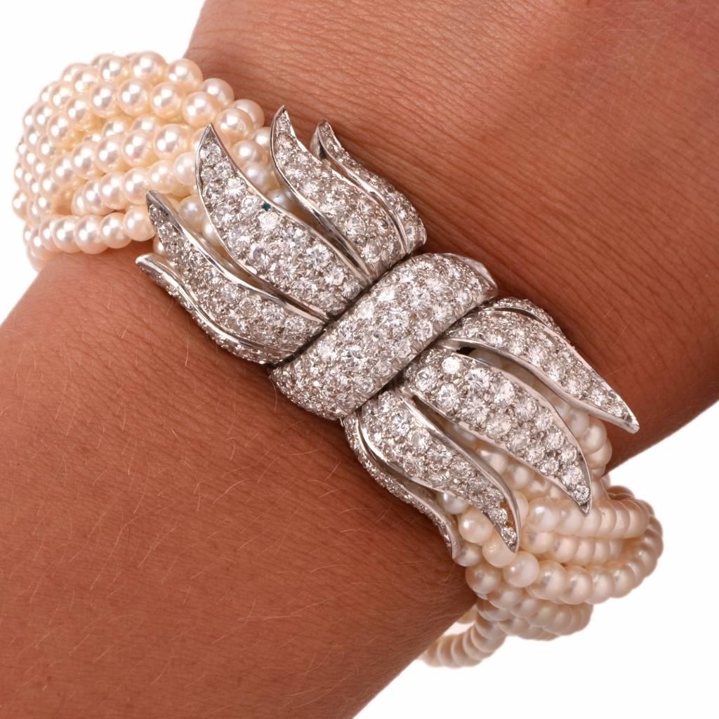 Multi Strand Pearl Diamond Platinum Ribbon Bow Clasp Bracelet  2