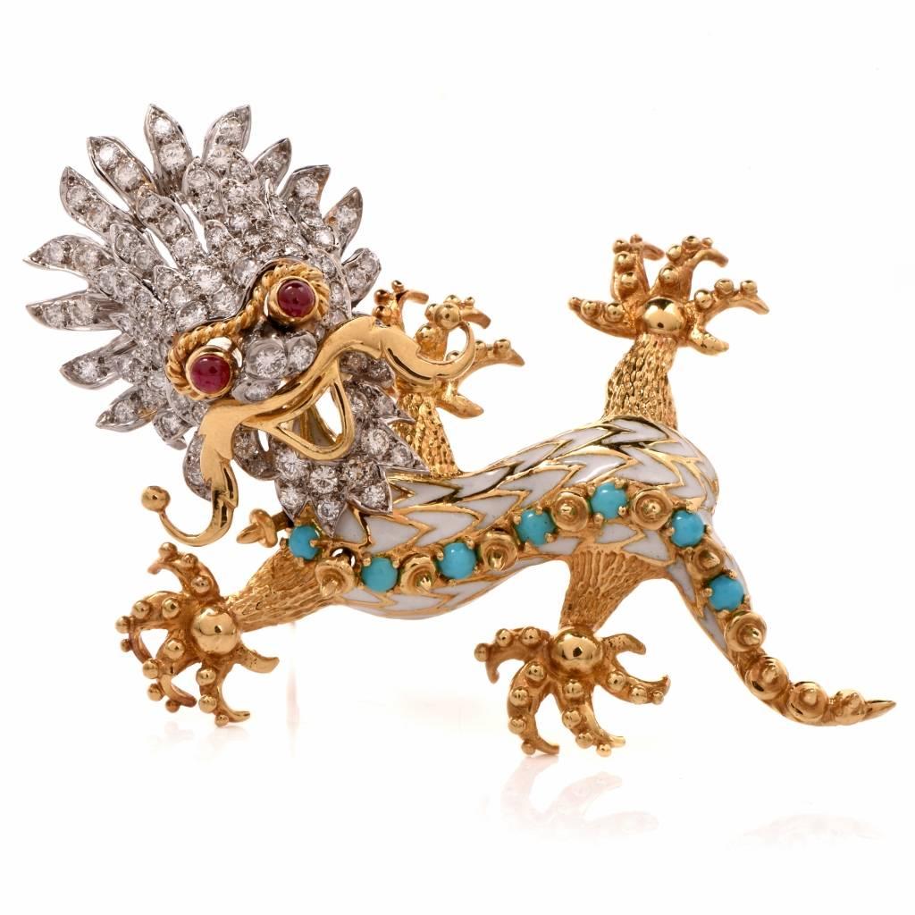 Enamel Turquoise Ruby Diamond Gold Dragon Pin Brooch In Excellent Condition In Miami, FL