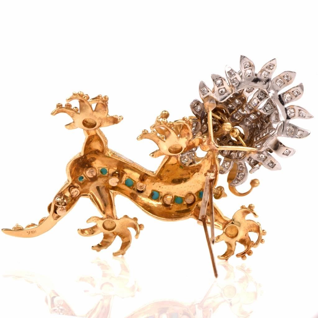 Enamel Turquoise Ruby Diamond Gold Dragon Pin Brooch 2