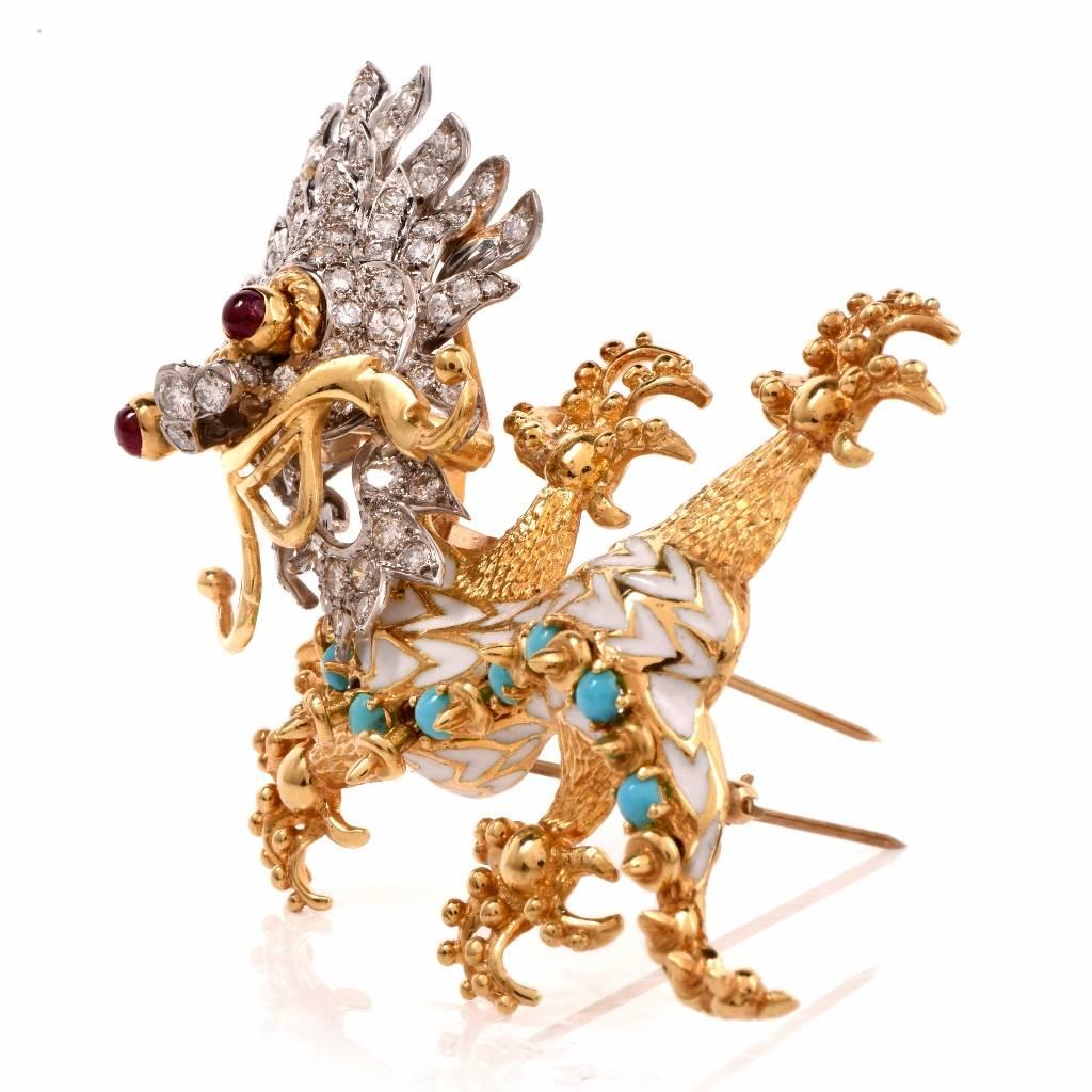 Enamel Turquoise Ruby Diamond Gold Dragon Pin Brooch 1