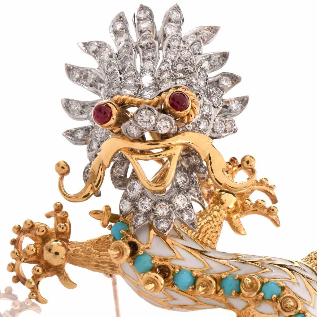 This whimsical, well detailed vintage Retro dragon diamond enamel  lapel  brooch  is crafted in solid 18K yellow and white gold. Showcasing the sculptured silhouette of a mysterious dragon, it is adorned with some 107 genuine prong-set round cut