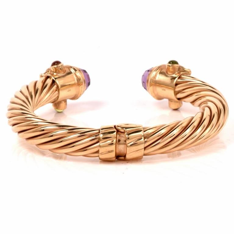 Multi Gem Gold Twisted Rope Wire Cuff Bangle Bracelet at 1stDibs