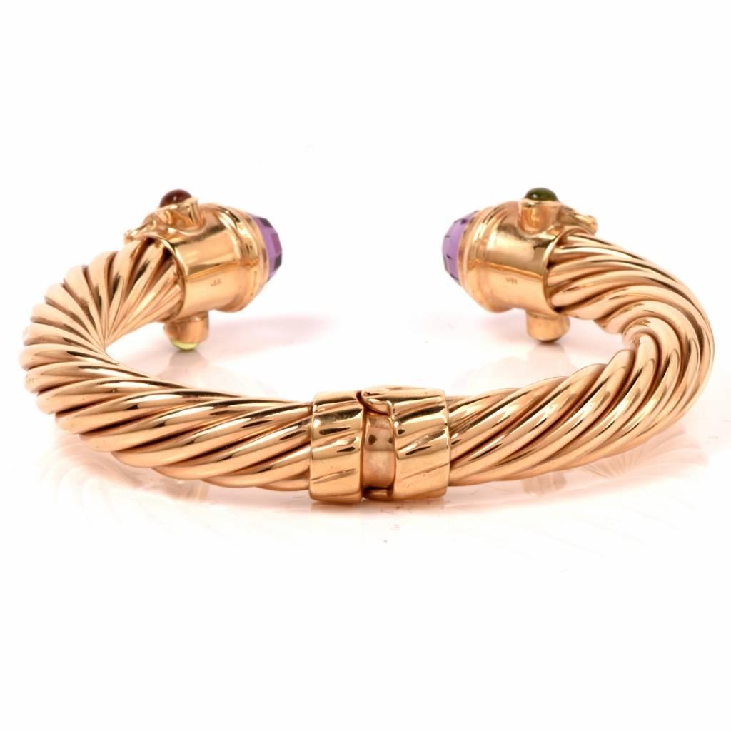 Multi Gem Gold Twisted Rope Wire Cuff Bangle Bracelet For Sale at 1stdibs