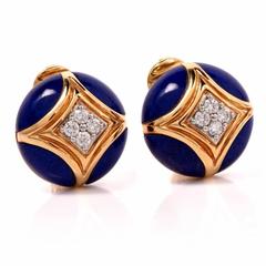 Van Cleef & Arpels Cobalt Enamel Diamond Gold Clipback Earrings